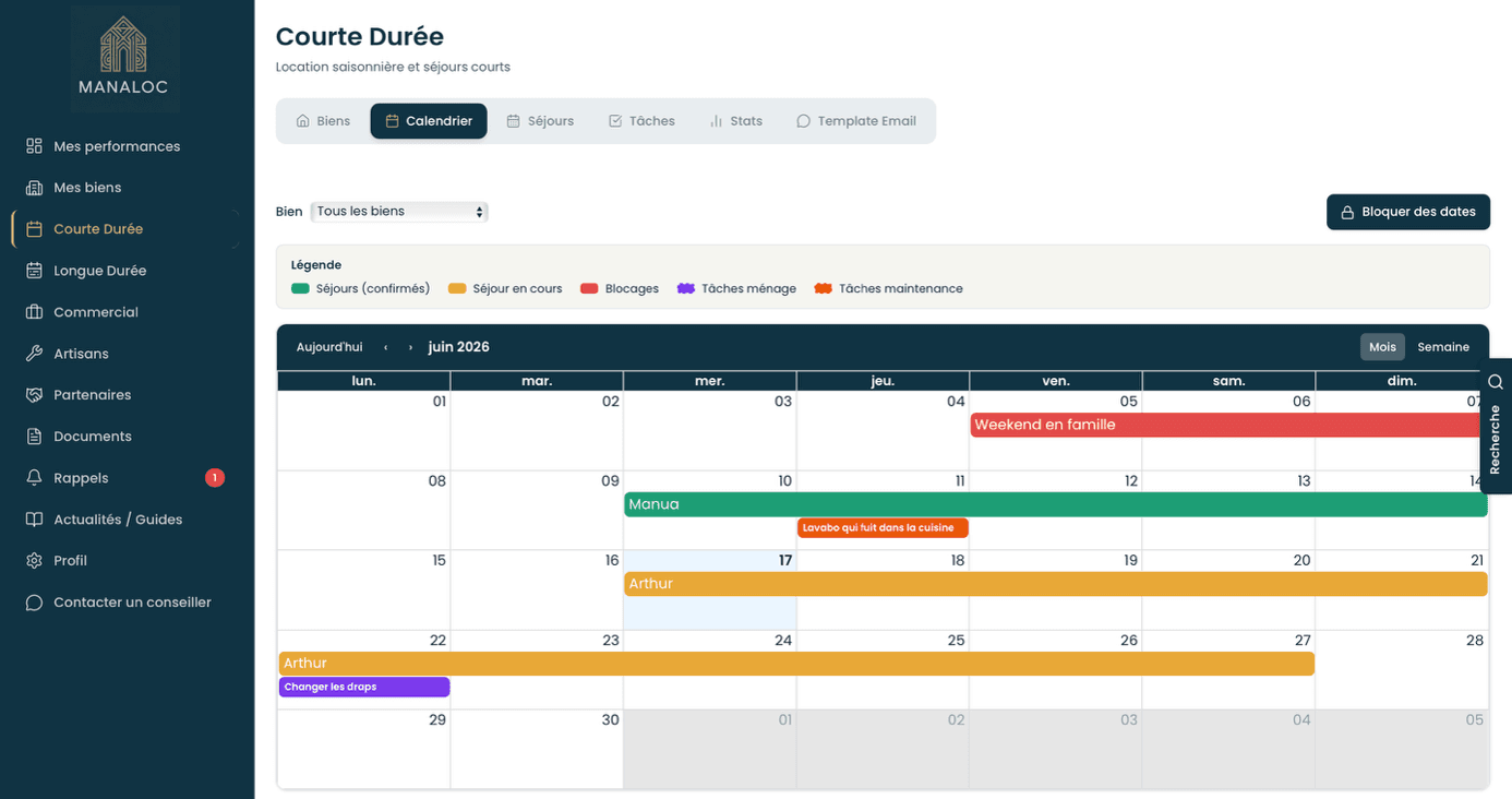 Capture d'écran du calendrier courte durée ManaLoc